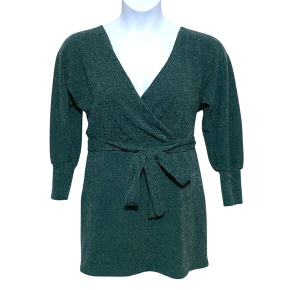 Francesca's Collections Dresses & Skirts - Francescas Harper Heritage Green Sweater Dress L Surplice Open Back Bow Boho NWT